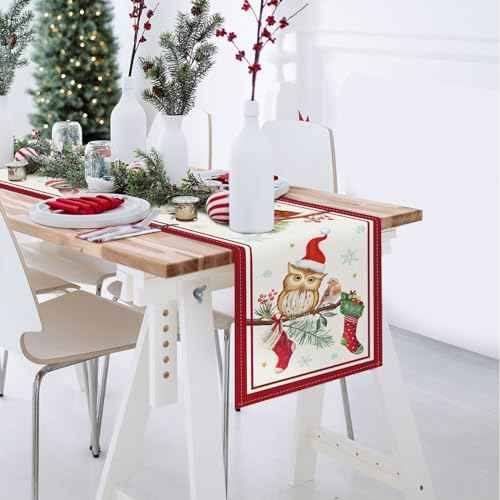 Bonhause Christmas Owl Table Runner 13x72 Inch Bird on Pine Branches Snowflakes Seasonal Winter Holiday Kitchen Dining Table Decoration for Indoor Outdoor Home Party Decor