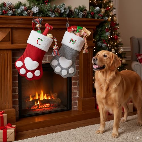 Pet Christmas Stocking with Initials - Large Embroidered Monogram Paw Shape, Red Paw Letter K