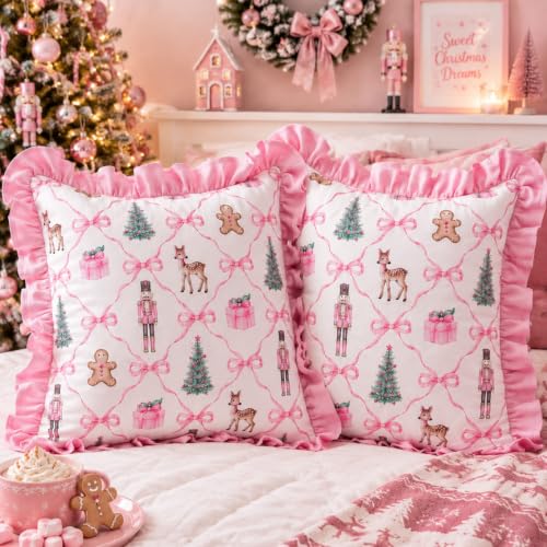 Irenare 2Pcs Pink Christmas Pillow Covers 18x18 Inch – Coquette Ruffle Xmas Decor