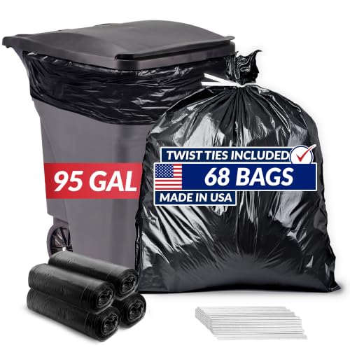 Heavy Duty 95 Gallon Trash Bags with Twist Ties - Leak-Proof, Tear-Resistant, 68 Count