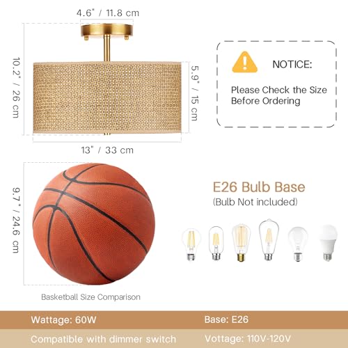Deep Brown 13-Inch Woven Rattan Boho Ceiling Light Fixture with 3 Lights