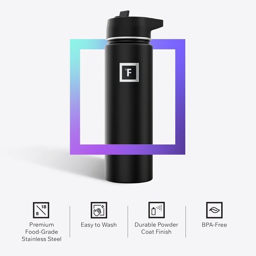 Iron °Flask Insulated Stainless Steel Water Bottle - 40 oz Camping & Hiking Flask with Straw in Midnight Black