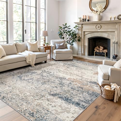 Blue Washable Area Rug 8x10 Abstract Large Living Room Floor Cover