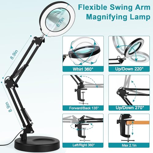 12X Magnifying Glass with Light & Stand - Black, 17.8-inch Clamp & Base, Dimmable LED