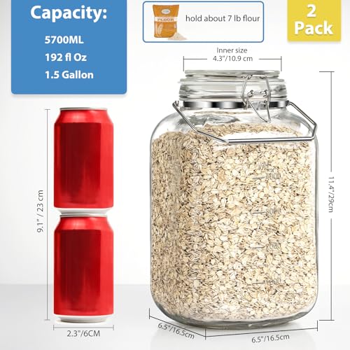 1.5 Gallon Glass Mason Jars with Airtight Lid - 2 Pack, Wide Mouth Food Storage