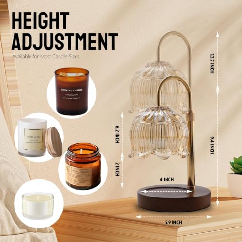 GEEZO Gold Fragrance Candle Warmer Lamp with Timer & Dimmer – Adjustable Height 13.3in, 2x50W Bulbs