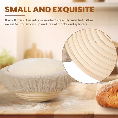 Mini Banneton Bread Proofing Baskets Set - 6 Pack 5 Inch Round Rattan Baskets