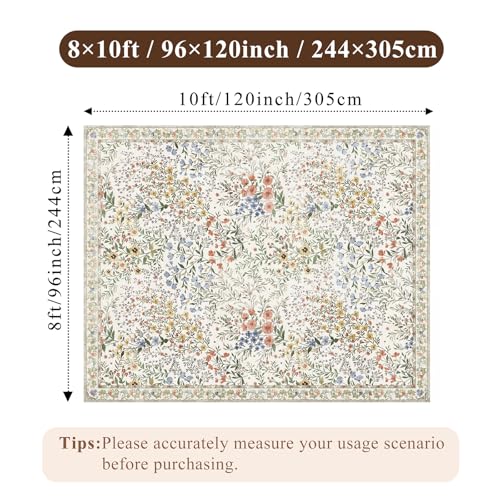 Beige Vintage Botanical Floral Rug 8x10 - Non Slip, Machine Washable, Living Room & Bedroom Carpet with Foldable Design