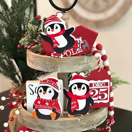 COCHIE Penguin Christmas Decorations Indoor, Cute Penguins Winter Tiered Tray Decor Set of 3, Wooden Penguin Blocks Xmas Table Decoration for Party Home Office Shelf Door (Red)