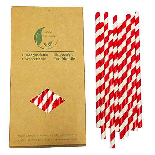 Red & White Striped Paper Straws, Disposable Drinking Straws for Birthday Christmas Party Decoration, 100% Biodegradable White Red Barber Stripes Straws Bulk 100