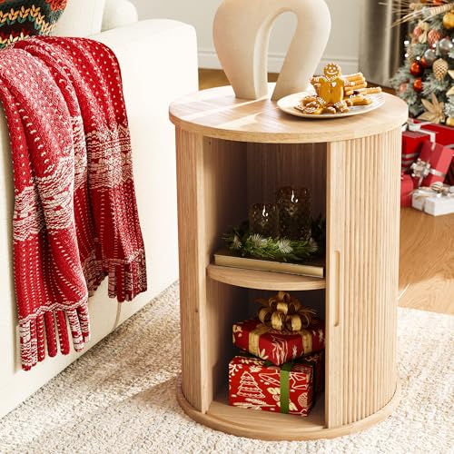 Oak Round End Table with Fluted Panel and Sliding Door - Mid Century Modern Boho Nightstand