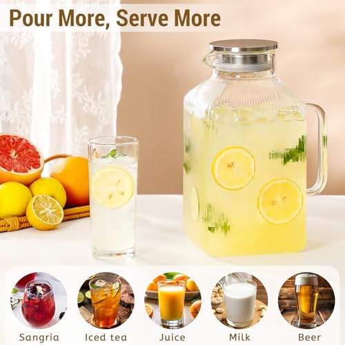 Snuvid 1 Gallon Square Classic Stripes Glass Pitcher with Lid - Vintage Style, Large Capacity, Dishwasher Safe, for Iced Tea & Beverages (Variation 1)