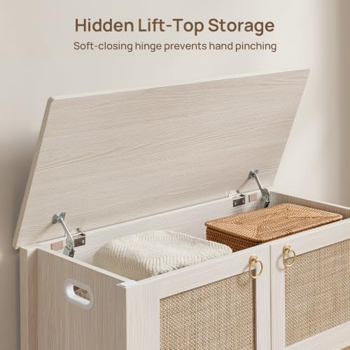 SICOTAS Rattan Storage Bench Boho Chest with Safety Hinges - White Cream Oak, 32.2" Wide