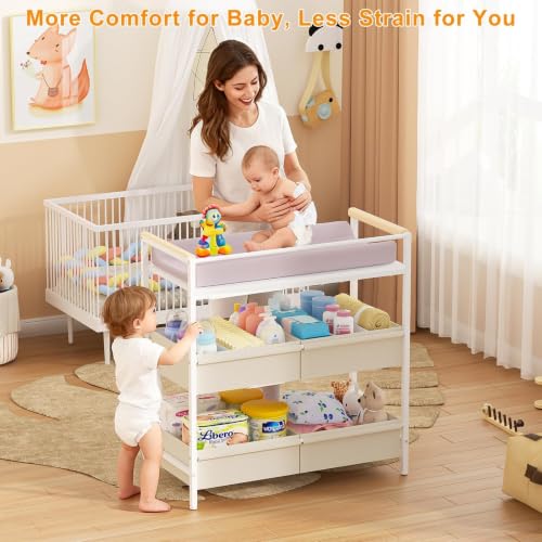 Baby Changing Table with Safety Bumpers & Adjustable Storage - Nursery Dresser