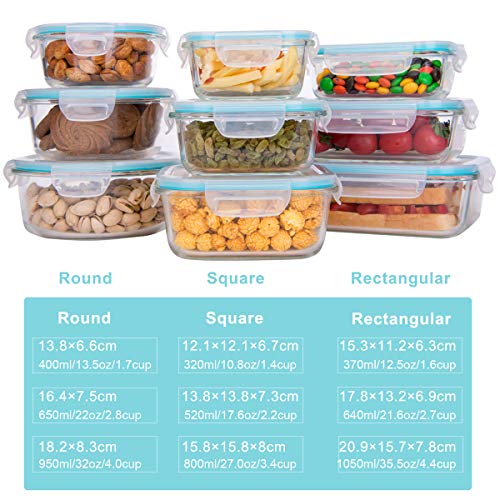 Clear Glass Food Storage Containers Set with Lids - 9 Pack, Airtight & Leakproof