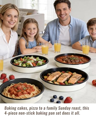 Creamy White Round Turkey Roasting Pan Set of 4 Enamel Bakeware for Oven