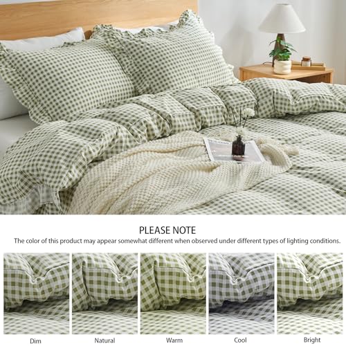 Kisswish Sage Green Queen Gingham Duvet Cover Set with Pillow Shams, Vintage Farmhouse Style