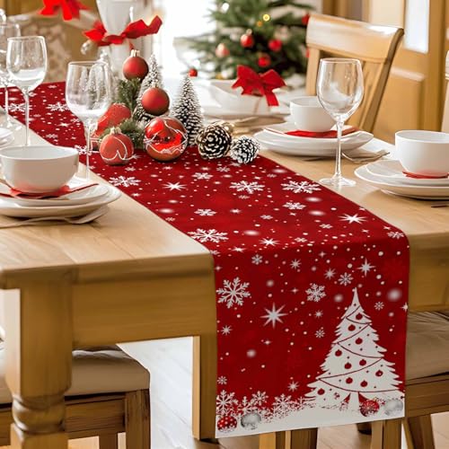 Ldtrchee 13 x 36 in Red Christmas Table Runner - Cotton Linen Snowflake Tree, Winter Holiday Decor