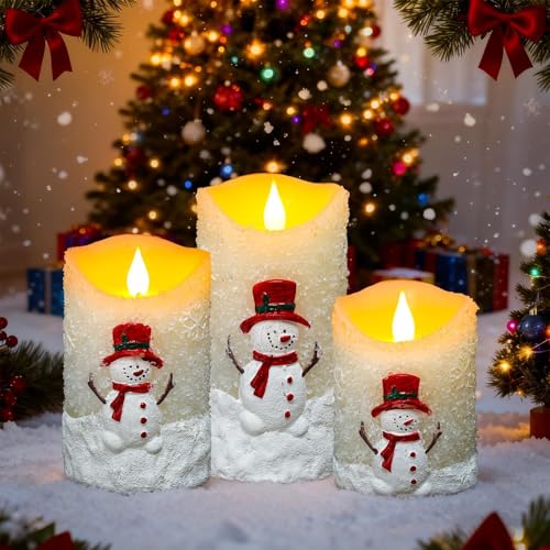 Snowman Flameless Candles with Remote & Timer - 3 Pcs Winter Battery