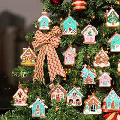 Soft Gingerbread House Ornaments - 16pcs Fake Christmas Cookies, Cute Gingerbread Man Figurines with Cord for Xmas Tree