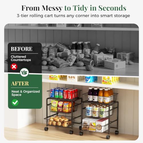 3-Tier Pull-Out Rolling Pantry Organizer with Wheels - Fits Under 25-Inch Shelves, Heavy Duty Metal Storage Cart - Variation 2