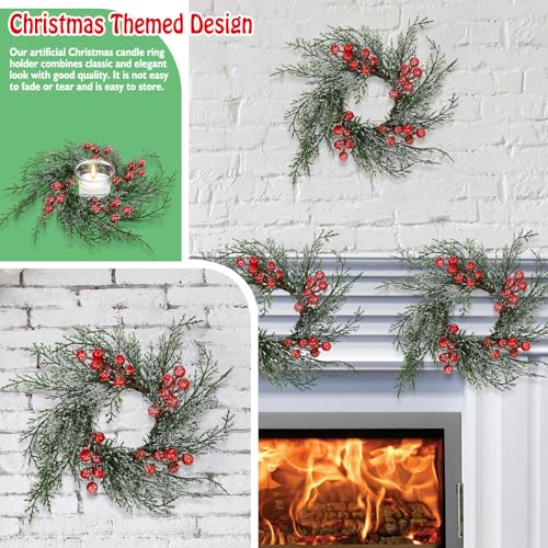 Serlvan 10 Pcs Christmas Candle Rings Wreath with Red Berries & Snowy Pine - Holiday Decor