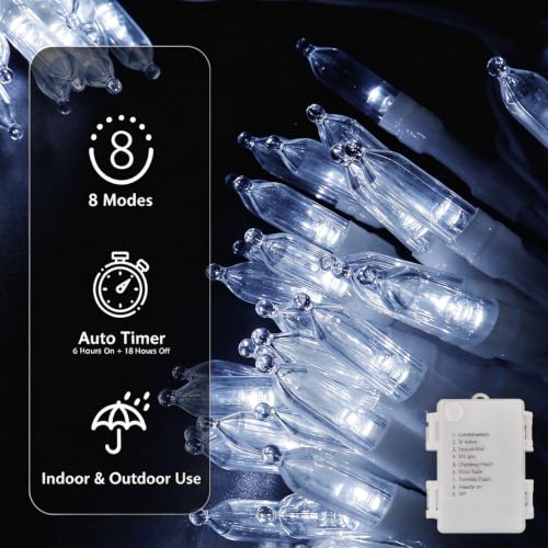 Filltown 2-Pack Battery Operated Christmas String Lights 33Ft 100 LED Cool White with 8 Modes & Timer