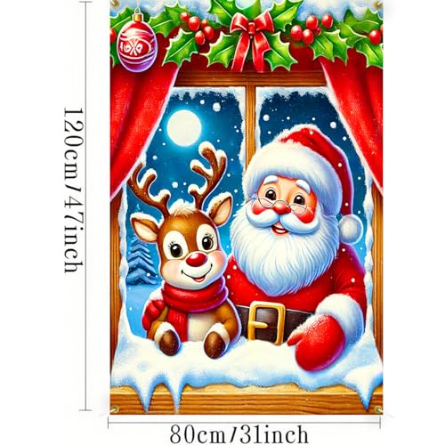 Cmialusie Colorful Santa and Reindeer Window Banner Christmas Decor 31.5x47.2in