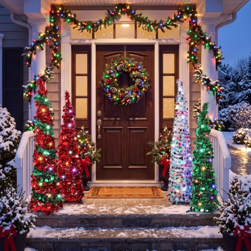 VioraWhite 5-Pcs Red & Green 4/5/6 ft Pop-Up Christmas Pencil Tree with 300 LED Lights