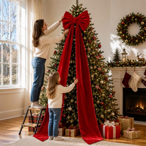 DULEFUN 16x79 Inch Christmas Red Velvet Large Bow Tree Topper - Variant 79In Red