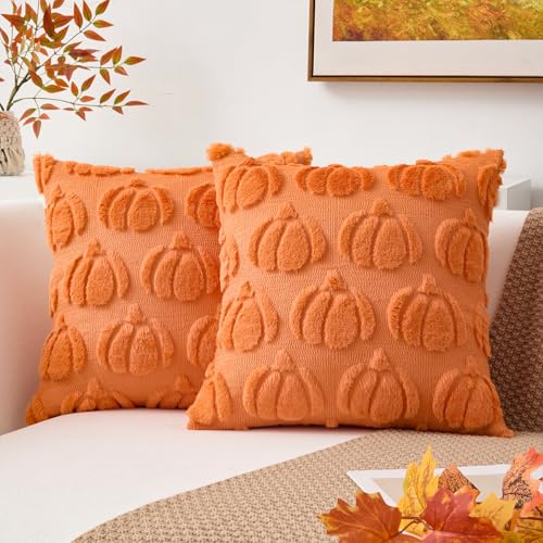 Kevin Textile Fall Pillow Covers 18x18 Inch Set of 2 Soft Pumpkins Decorative Square Pillowcases Plush Autumn Faux Fur Cushions Harvest Gift for Couch Sofa Chair Bedroom Home Decor, Orange