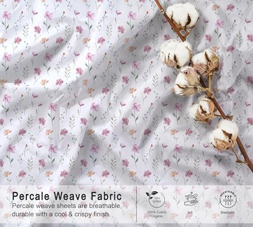 RUVANTI Organic Cotton Queen Bed Sheet Set Obsessed Stems Percale Weave - Breathable & Cooling