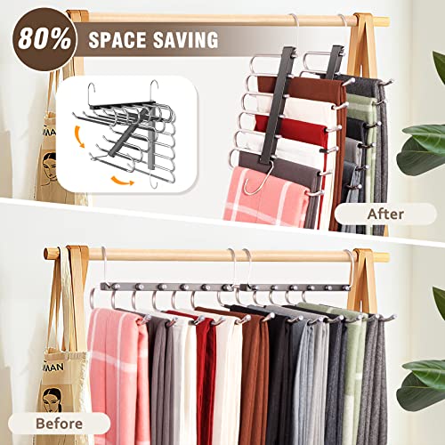 HUITEM 4 Pack Black 6-Tier Space Saving Pants Hangers - Anti-Slip Stainless Steel