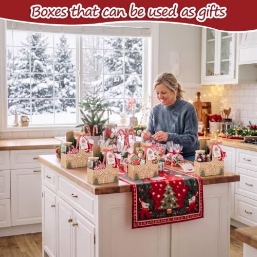 AmazingSpark Gingerbread House Christmas Drink Carriers - 24 Pack with Thank You Tags & Red Ribbon