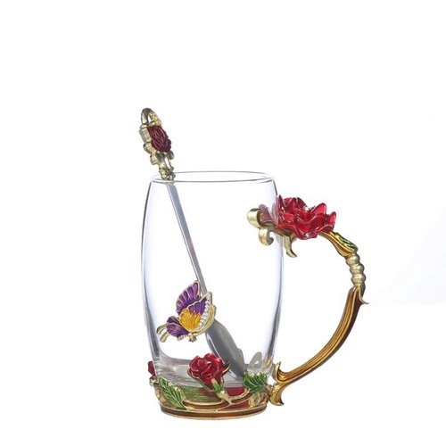 Guon-Wuvl Handicraft Crystal Glass 3D Flower Cups Tea Mug With Tea Spoon Women Coffee, Tea, Juice, Beer, Milk Hot And Cold Drinks Use Gift Package. (Red Rose-Tal)