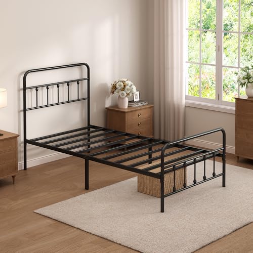 Black Twin Metal Bed Frame with Headboard and Footboard - Sturdy Steel, Underbed Storage