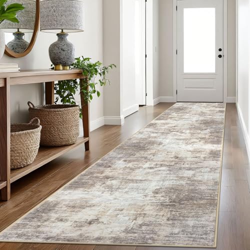 Abstract Runner Rug 3x16 Ft - Washable, Non-Slip Floor Carpet for Hallways & Entryway - Gold/Yellow/Brown/Beige/White