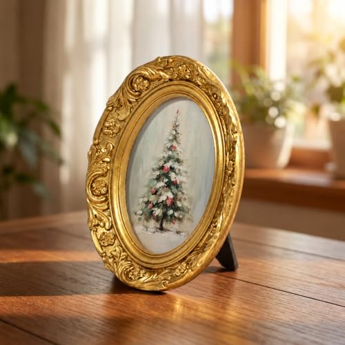 Vintage Gold Oval Christmas Tree Picture Frame - Winter Tree Variation