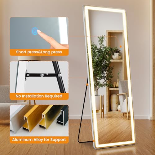 LED Full Length Standing Mirror 64" x 21" with Three Color Modes - White LED Arched Floor Mirror