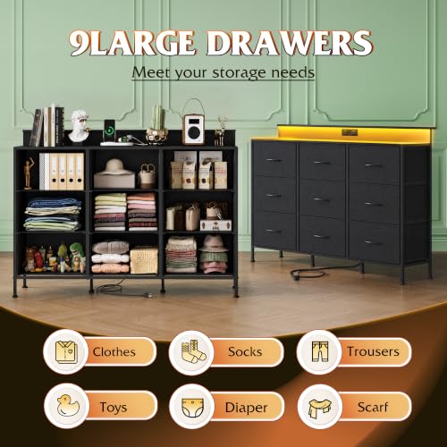 WLIVE Black 9-Drawer TV Stand Dresser with LED Lights & Fabric Storage