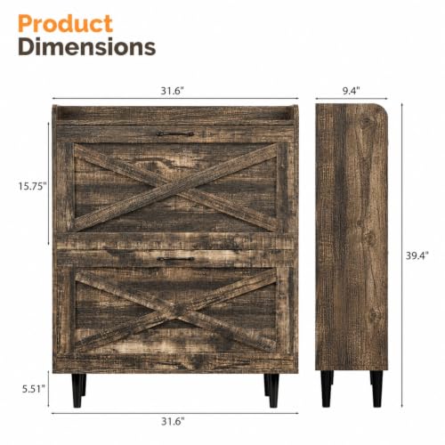 VINGLI Farmhouse Dark Rustic Oak Shoe Storage Cabinet with 2 Flip Drawers, Slim Entryway Organizer