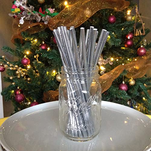 ALINK Foil Silver Paper Straws Bulk, Pack of 100 Metallic Striped/Wave/Dots Straws for Birthday, Wedding, Bridal/Baby Shower, Christmas Decorations and Party Supplies