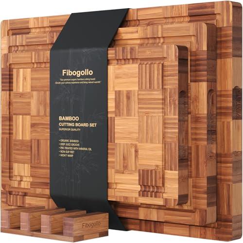 Fibogollo Set of 3 Large Bamboo Kitchen Cutting Boards with Juice Groove - Brown, 15.8 x 11.8 inches