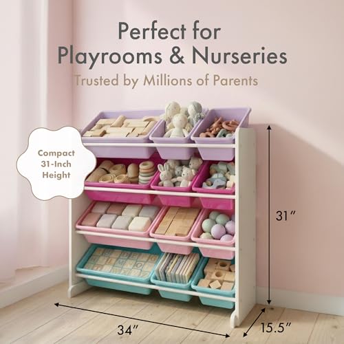 Kids Toy Organizer with 12 Bins - Tall White/Pink/Purple/Turquoise Storage Shelf