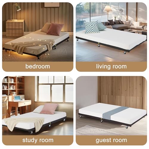 Classic Black Twin Trundle Bed Frame with Lockable Casters - Space-Saving Metal Slats Support