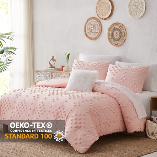 Pink Twin Comforter Set for Girls - Pom Tufted Bed in a Bag, 5 Pieces, Dot Pink Variation
