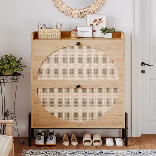 IRONCK Large Rattan Shoe Cabinet Storage with 2 Flip Drawers - Oak