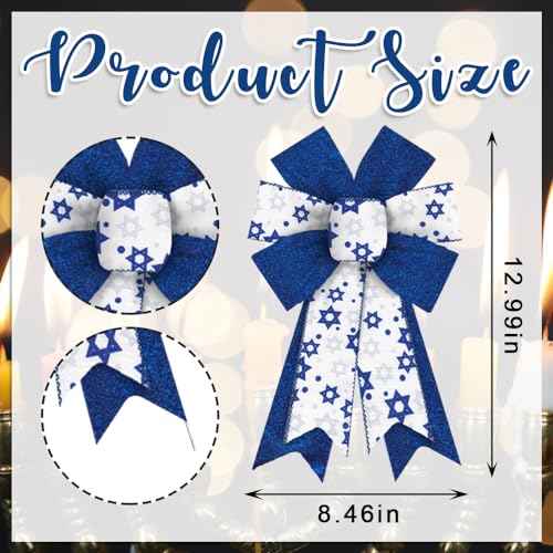 2 PCS Hanukkah Wreath Bows Chanukah Star of David Royal Blue White Ribbon Bows for Wreath, Medium Tree Topper Bows for Jewish New Year Party Home Indoor Outdoor Decoration Wreath Ornament Supplies