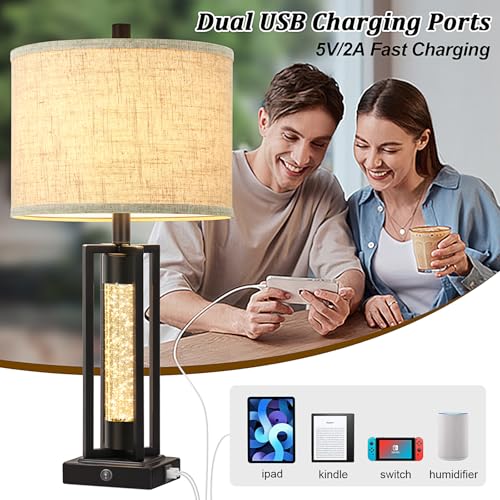 Set of 2 Farmhouse Table Lamps with Crystal Night Light, Black, 26 Inches - Includes USB Charging Ports