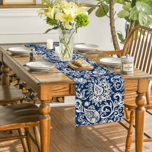 Artoid Mode Blue Floral Paisley Table Runner, Seasonal Spring Kitchen Dining Table Decoration for Home Party Decor 13x72 Inch